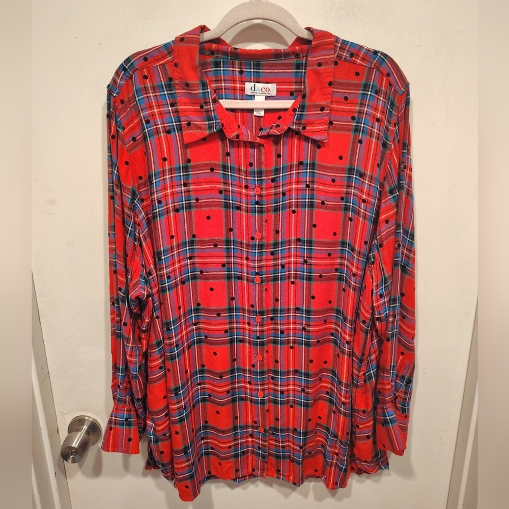 D & Co. Women's Polka Dot Plaid Button Down Shirt Sz 3X Casual Career Holiday